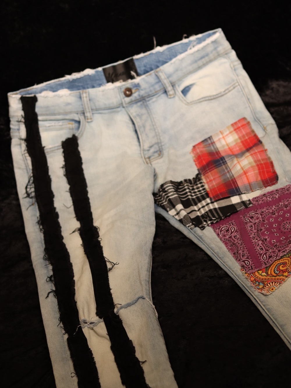 Valabasas Light Wash Patchwork Jeans with Black Stripe Accents